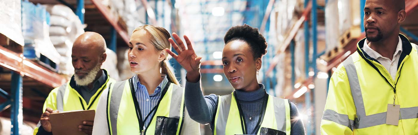 Image four diverse men and women posing with hard hats and yellow vests in a manufacturing setting
